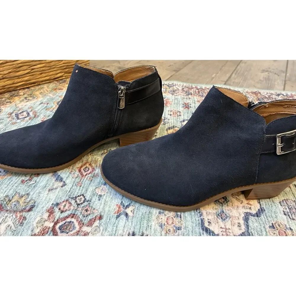 Vionic Millie Blue Suede Ankle Booties Women’s 9 Wide Orthotic Comfort Zip